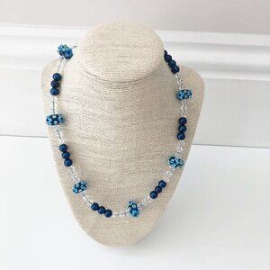 NWT Genuine Murano Glass, Czech Crystal & Glass Beads Necklace Blue White Flower